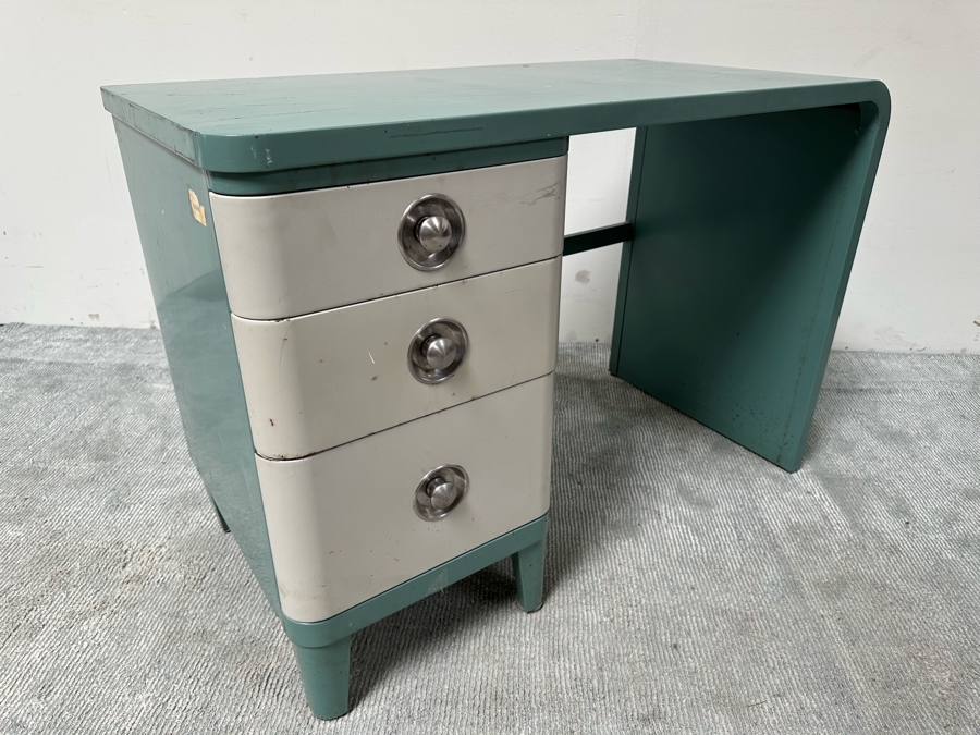 Norman Bel Geddes Vintage Art Deco Machine Age Metal Two-Tone Three-Drawer Desk By Simmons 43W X 21D X 29.5H [Photo 6]