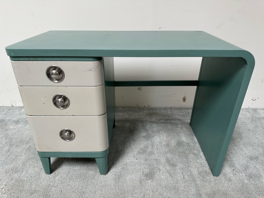 Norman Bel Geddes Vintage Art Deco Machine Age Metal Two-Tone Three-Drawer Desk By Simmons 43W X 21D X 29.5H [Photo 5]