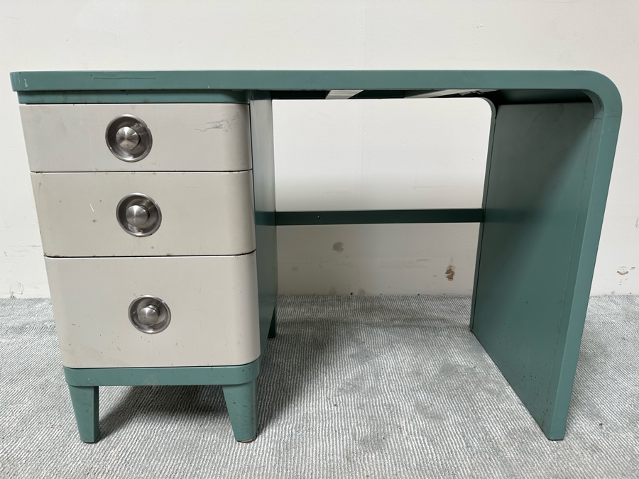 Norman Bel Geddes Vintage Art Deco Machine Age Metal Two-Tone Three-Drawer Desk By Simmons 43W X 21D X 29.5H [Photo 3]
