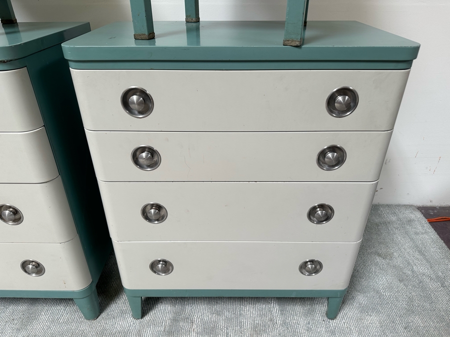 Norman Bel Geddes Vintage Art Deco Machine Age Metal Bedroom Set: Pair Of Highboy Dressers 33.5W X 19D X 40.5H And Pair Of Matching Nightstands Side Tables 16W X 16D X 28H By Simmons Furniture [Photo 10]