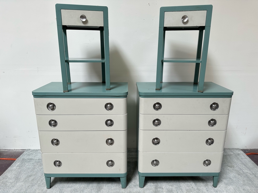 Norman Bel Geddes Vintage Art Deco Machine Age Metal Bedroom Set: Pair Of Highboy Dressers 33.5W X 19D X 40.5H And Pair Of Matching Nightstands Side Tables 16W X 16D X 28H By Simmons Furniture [Photo 6]
