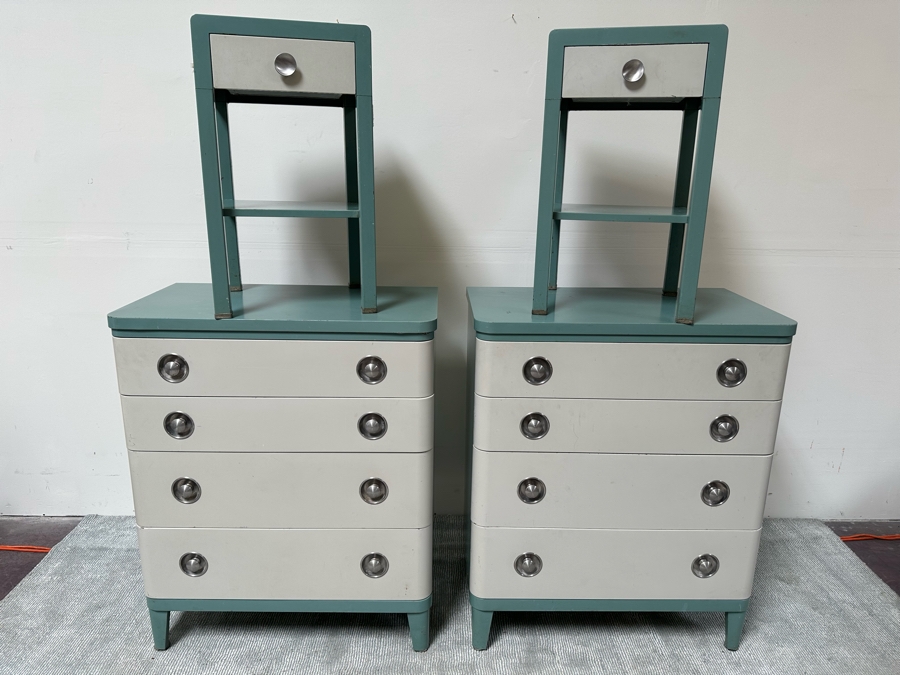 Norman Bel Geddes Vintage Art Deco Machine Age Metal Bedroom Set: Pair Of Highboy Dressers 33.5W X 19D X 40.5H And Pair Of Matching Nightstands Side Tables 16W X 16D X 28H By Simmons Furniture [Photo 5]