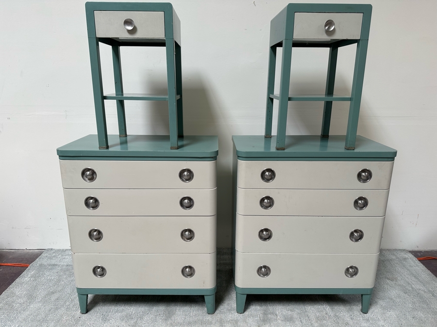 Norman Bel Geddes Vintage Art Deco Machine Age Metal Bedroom Set: Pair Of Highboy Dressers 33.5W X 19D X 40.5H And Pair Of Matching Nightstands Side Tables 16W X 16D X 28H By Simmons Furniture [Photo 4]