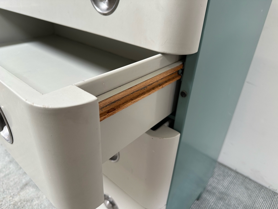 Norman Bel Geddes Vintage Art Deco Machine Age Metal Bedroom Set: Pair Of Highboy Dressers 33.5W X 19D X 40.5H And Pair Of Matching Nightstands Side Tables 16W X 16D X 28H By Simmons Furniture [Photo 14]