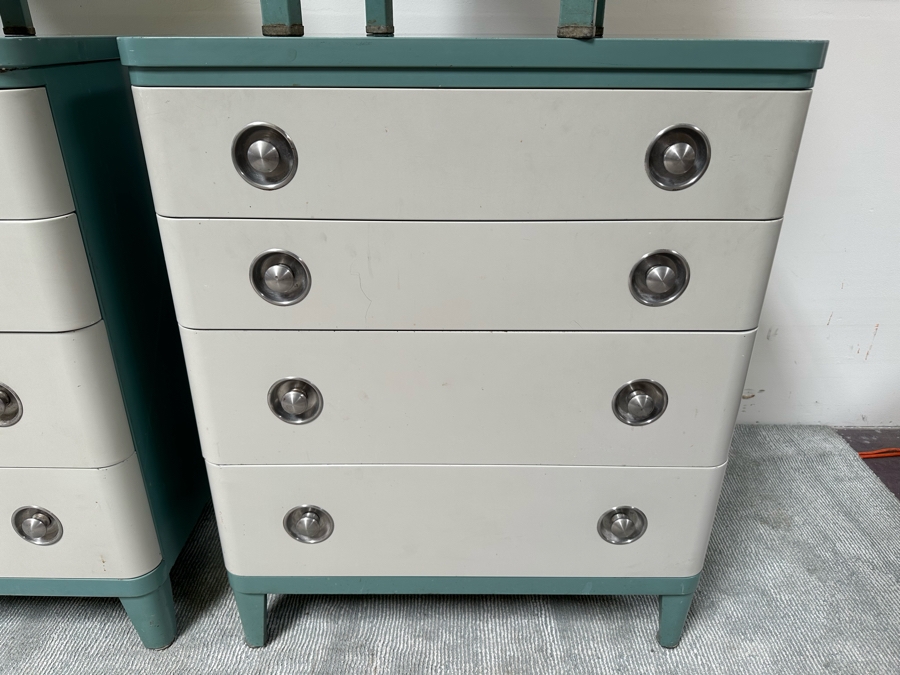 Norman Bel Geddes Vintage Art Deco Machine Age Metal Bedroom Set: Pair Of Highboy Dressers 33.5W X 19D X 40.5H And Pair Of Matching Nightstands Side Tables 16W X 16D X 28H By Simmons Furniture [Photo 11]