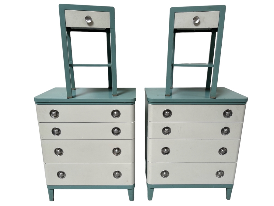 Norman Bel Geddes Vintage Art Deco Machine Age Metal Bedroom Set: Pair Of Highboy Dressers 33.5W X 19D X 40.5H And Pair Of Matching Nightstands Side Tables 16W X 16D X 28H By Simmons Furniture