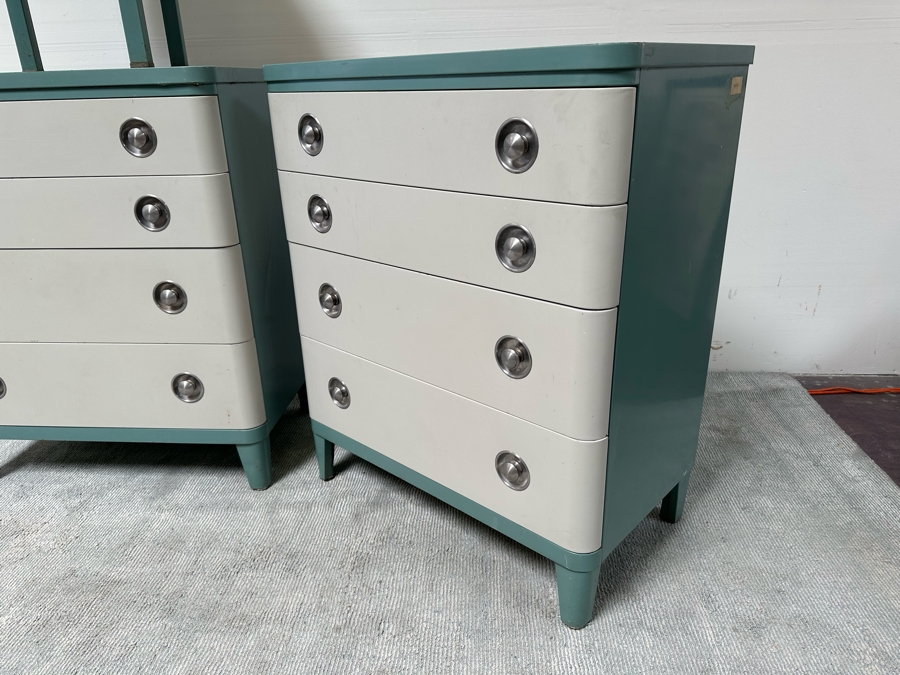 Norman Bel Geddes Vintage Art Deco Machine Age Metal Bedroom Set: Pair Of Highboy Dressers 33.5W X 19D X 40.5H And Pair Of Matching Nightstands Side Tables 16W X 16D X 28H By Simmons Furniture [Photo 15]