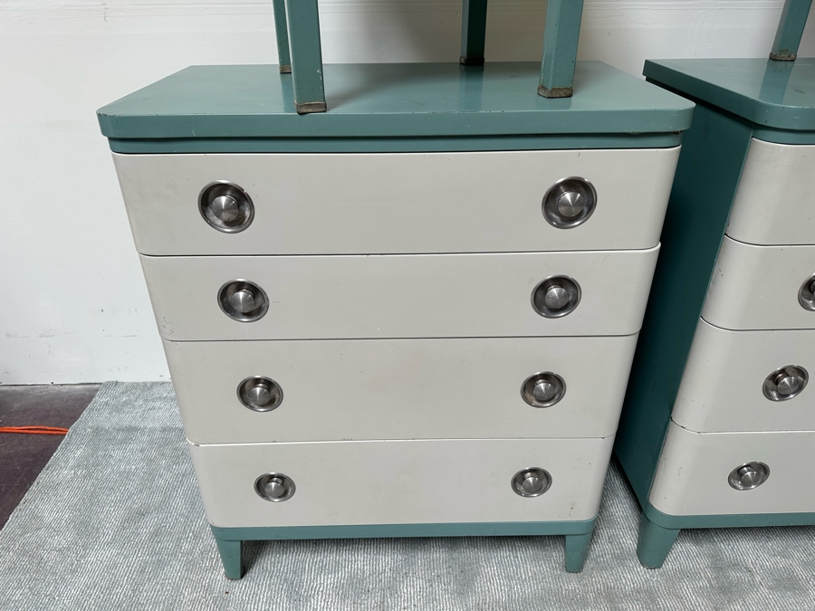 Norman Bel Geddes Vintage Art Deco Machine Age Metal Bedroom Set: Pair Of Highboy Dressers 33.5W X 19D X 40.5H And Pair Of Matching Nightstands Side Tables 16W X 16D X 28H By Simmons Furniture [Photo 9]