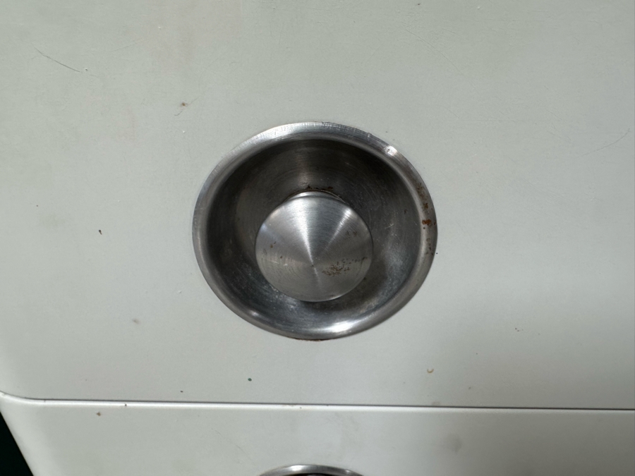 Norman Bel Geddes Vintage Art Deco Machine Age Metal Bedroom Set: Pair Of Highboy Dressers 33.5W X 19D X 40.5H And Pair Of Matching Nightstands Side Tables 16W X 16D X 28H By Simmons Furniture [Photo 12]