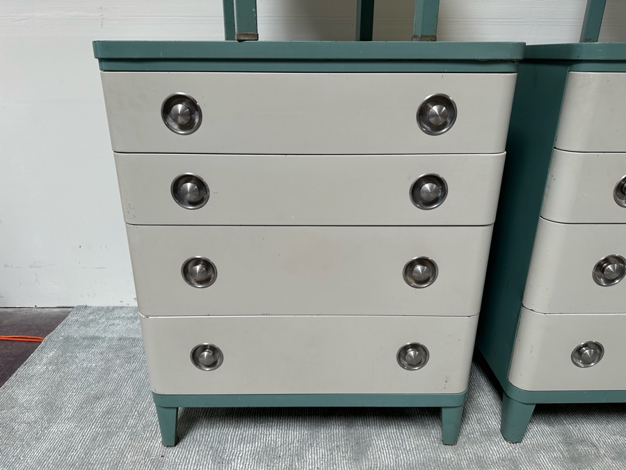 Norman Bel Geddes Vintage Art Deco Machine Age Metal Bedroom Set: Pair Of Highboy Dressers 33.5W X 19D X 40.5H And Pair Of Matching Nightstands Side Tables 16W X 16D X 28H By Simmons Furniture [Photo 8]