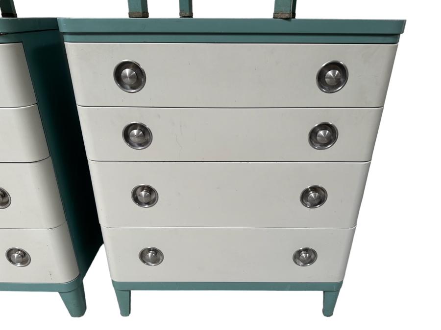 Norman Bel Geddes Vintage Art Deco Machine Age Metal Bedroom Set: Pair Of Highboy Dressers 33.5W X 19D X 40.5H And Pair Of Matching Nightstands Side Tables 16W X 16D X 28H By Simmons Furniture [Photo 2]