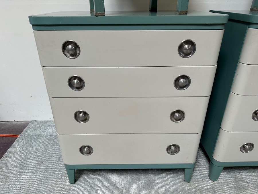 Norman Bel Geddes Vintage Art Deco Machine Age Metal Bedroom Set: Pair Of Highboy Dressers 33.5W X 19D X 40.5H And Pair Of Matching Nightstands Side Tables 16W X 16D X 28H By Simmons Furniture [Photo 7]