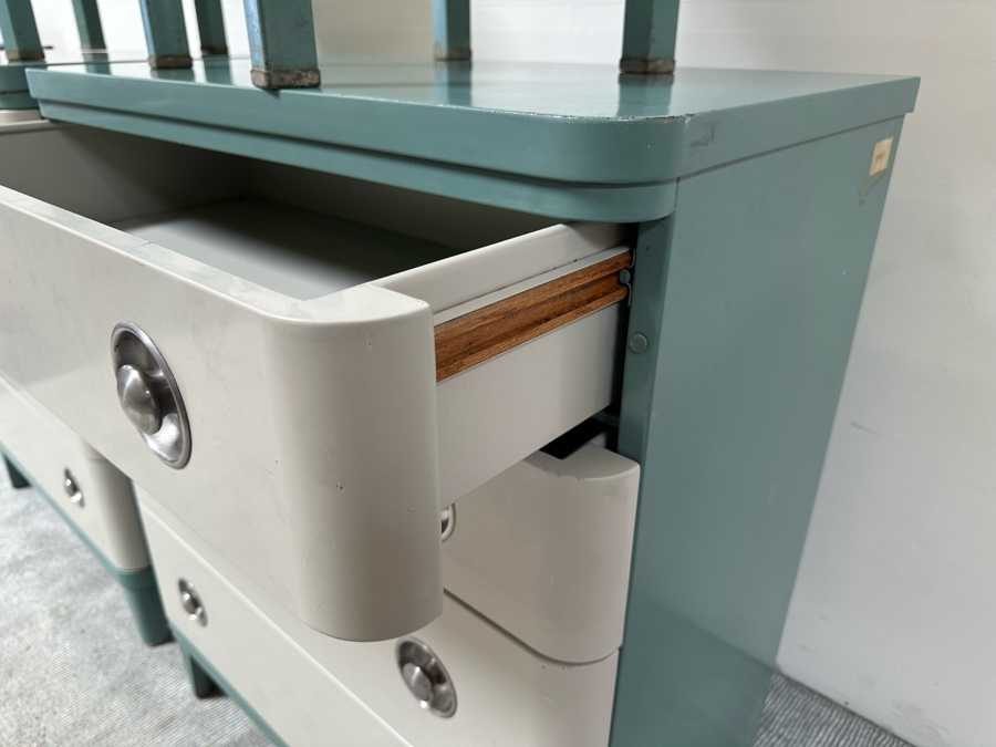 Norman Bel Geddes Vintage Art Deco Machine Age Metal Bedroom Set: Pair Of Highboy Dressers 33.5W X 19D X 40.5H And Pair Of Matching Nightstands Side Tables 16W X 16D X 28H By Simmons Furniture [Photo 13]