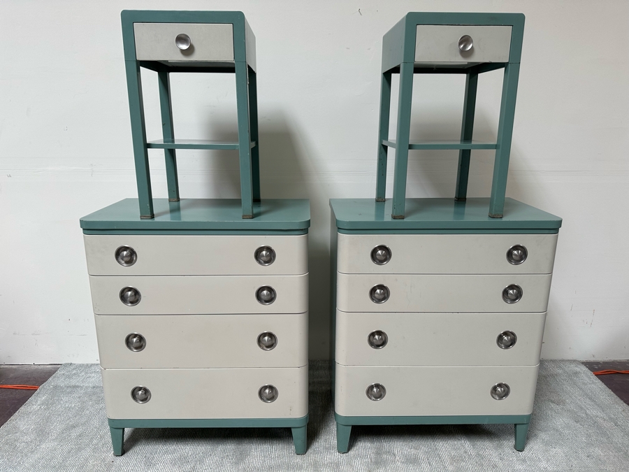 Norman Bel Geddes Vintage Art Deco Machine Age Metal Bedroom Set: Pair Of Highboy Dressers 33.5W X 19D X 40.5H And Pair Of Matching Nightstands Side Tables 16W X 16D X 28H By Simmons Furniture [Photo 3]