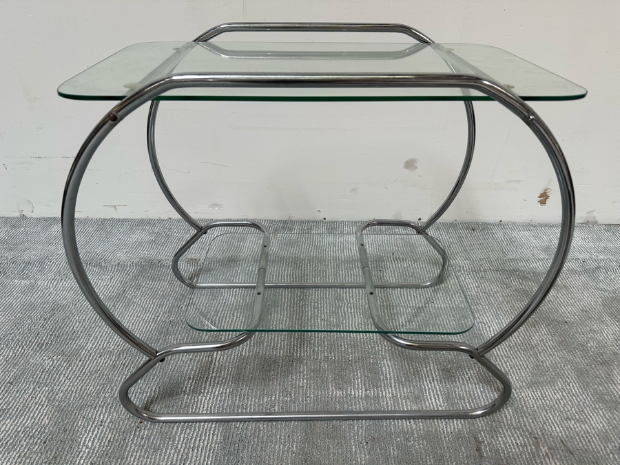 Vintage Art Deco Machine Age Tubular Chrome Two Tier Table 26W X 16D X 25H [Photo 2]