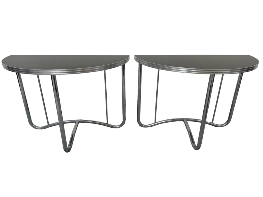 Vintage Art Deco Machine Age Demilune Side Tables Tubular Chrome And Black Formica In Manner Of Wolfgang Hoffmann 28W X 13.5D X 20H, A Pair [Photo 2]