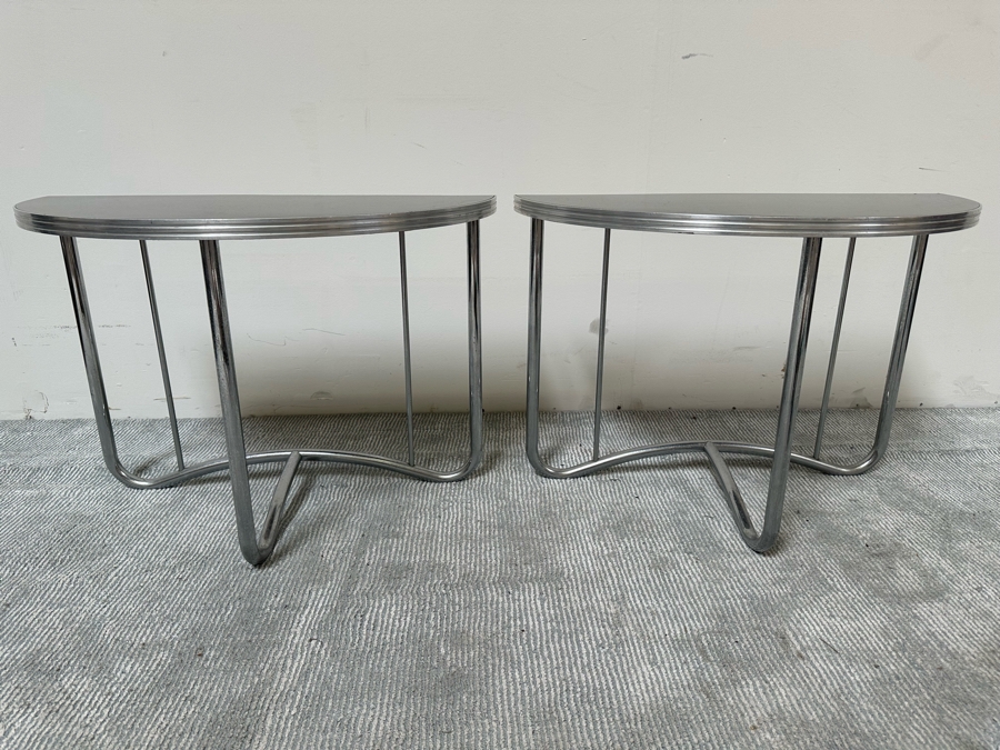 Vintage Art Deco Machine Age Demilune Side Tables Tubular Chrome And Black Formica In Manner Of Wolfgang Hoffmann 28W X 13.5D X 20H, A Pair [Photo 5]