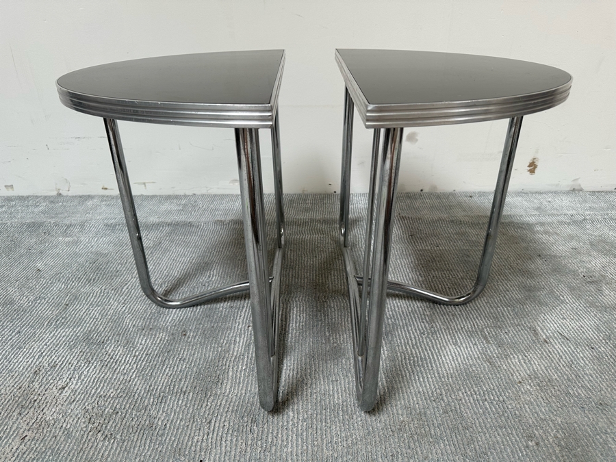 Vintage Art Deco Machine Age Demilune Side Tables Tubular Chrome And Black Formica In Manner Of Wolfgang Hoffmann 28W X 13.5D X 20H, A Pair [Photo 6]