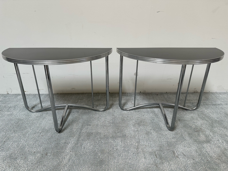 Vintage Art Deco Machine Age Demilune Side Tables Tubular Chrome And Black Formica In Manner Of Wolfgang Hoffmann 28W X 13.5D X 20H, A Pair [Photo 3]