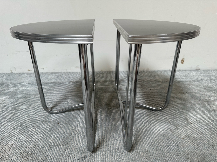 Vintage Art Deco Machine Age Demilune Side Tables Tubular Chrome And Black Formica In Manner Of Wolfgang Hoffmann 28W X 13.5D X 20H, A Pair [Photo 10]