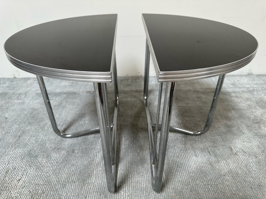 Vintage Art Deco Machine Age Demilune Side Tables Tubular Chrome And Black Formica In Manner Of Wolfgang Hoffmann 28W X 13.5D X 20H, A Pair [Photo 7]