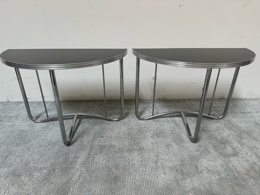 Vintage Art Deco Machine Age Demilune Side Tables Tubular Chrome And Black Formica In Manner Of Wolfgang Hoffmann 28W X 13.5D X 20H, A Pair [Photo 4]