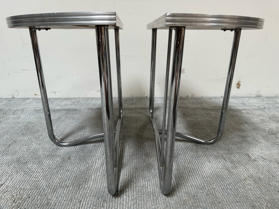 Vintage Art Deco Machine Age Demilune Side Tables Tubular Chrome And Black Formica In Manner Of Wolfgang Hoffmann 28W X 13.5D X 20H, A Pair [Photo 8]