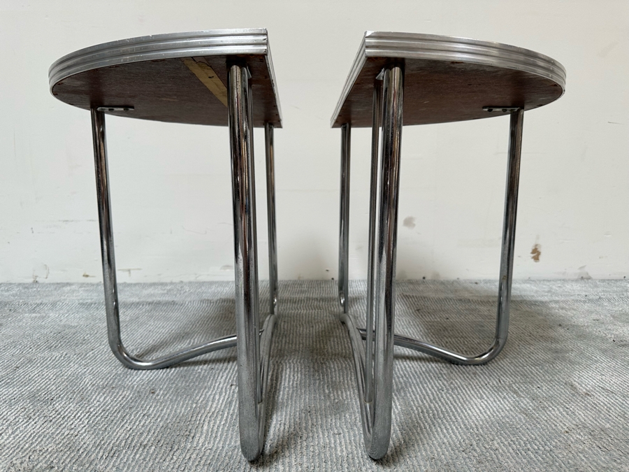 Vintage Art Deco Machine Age Demilune Side Tables Tubular Chrome And Black Formica In Manner Of Wolfgang Hoffmann 28W X 13.5D X 20H, A Pair [Photo 9]