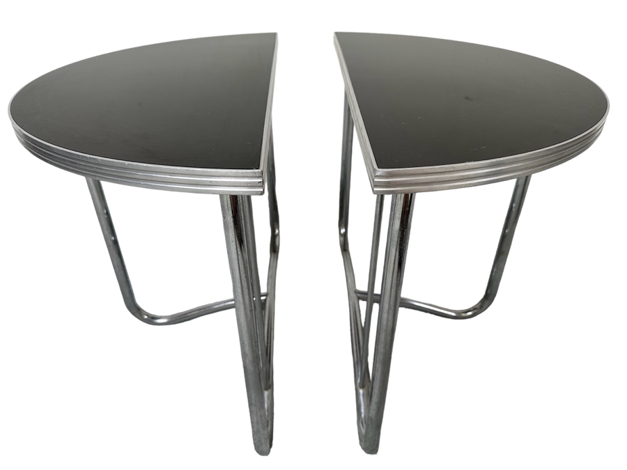 Vintage Art Deco Machine Age Demilune Side Tables Tubular Chrome And Black Formica In Manner Of Wolfgang Hoffmann 28W X 13.5D X 20H, A Pair [Photo 1]