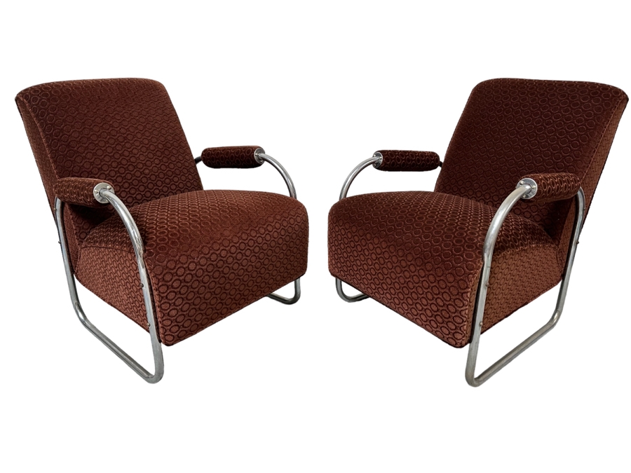 Vintage Art Deco Chrome Club Chairs Armchairs Attributed To Gilbert Rhode 24W X 31D X 32H, A Pair [Photo 1]