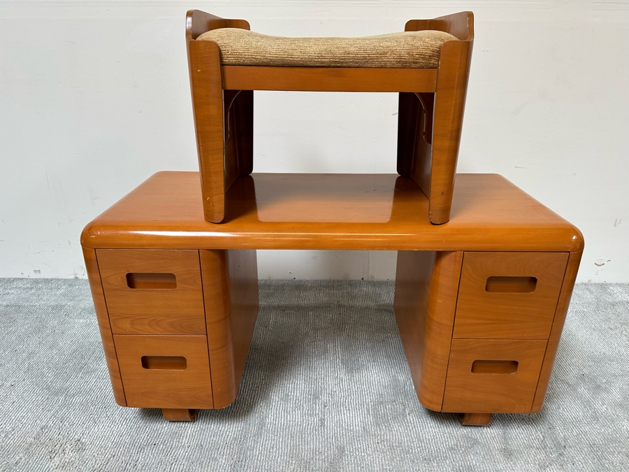 Vintage Bentwood Vanity Desk 44.5W X 18.5D X 24H With Matching Stool 22.5W X 17D X 17H By Paul Goldman For Plymold Plymodern Furniture Plywood 44.5W X 22D X 21H [Photo 11]