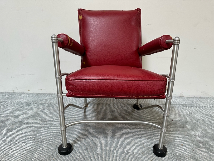 Warren McArthur (1885-1961, American) Vintage Art Deco Machine Age Aluminum Lounge Chair Armchair With Hockey Puck Feet (One Puck Missing) 23W X 24D X 33H (Needs Reupholstering) [Photo 5]