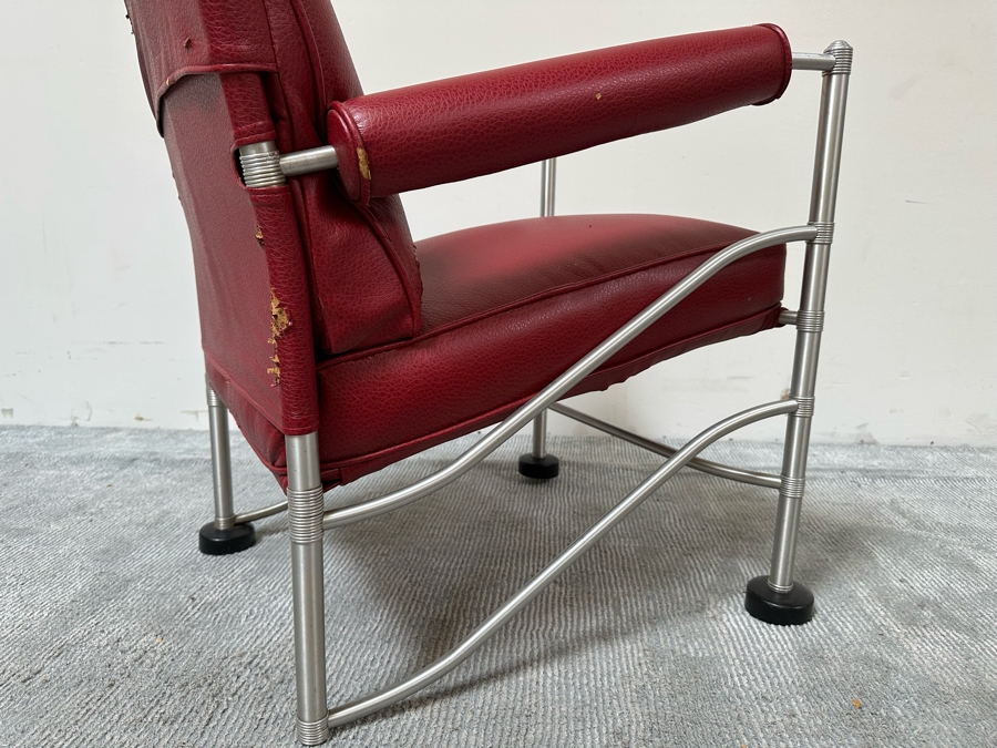 Warren McArthur (1885-1961, American) Vintage Art Deco Machine Age Aluminum Lounge Chair Armchair With Hockey Puck Feet (One Puck Missing) 23W X 24D X 33H (Needs Reupholstering) [Photo 17]