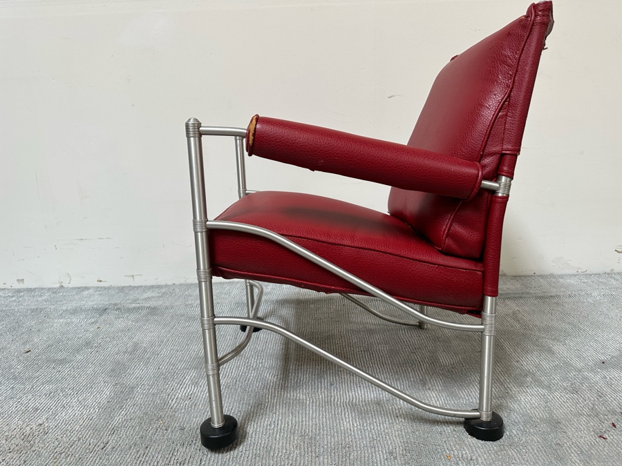 Warren McArthur (1885-1961, American) Vintage Art Deco Machine Age Aluminum Lounge Chair Armchair With Hockey Puck Feet (One Puck Missing) 23W X 24D X 33H (Needs Reupholstering) [Photo 12]