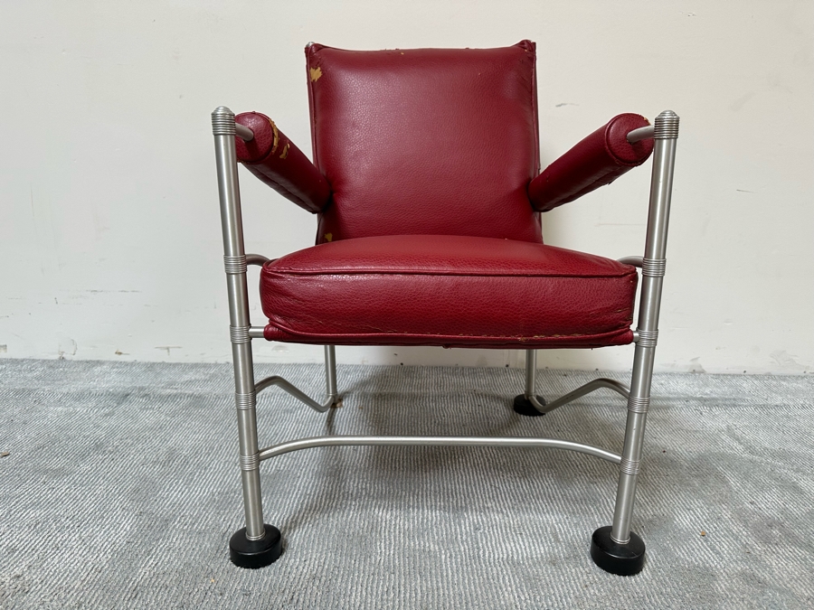 Warren McArthur (1885-1961, American) Vintage Art Deco Machine Age Aluminum Lounge Chair Armchair With Hockey Puck Feet (One Puck Missing) 23W X 24D X 33H (Needs Reupholstering) [Photo 3]