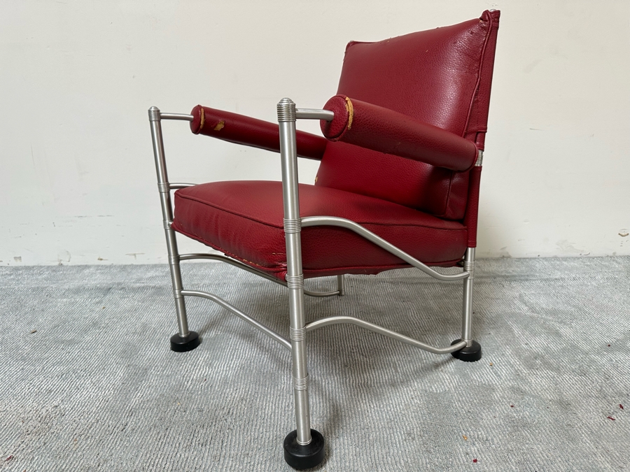 Warren McArthur (1885-1961, American) Vintage Art Deco Machine Age Aluminum Lounge Chair Armchair With Hockey Puck Feet (One Puck Missing) 23W X 24D X 33H (Needs Reupholstering) [Photo 7]