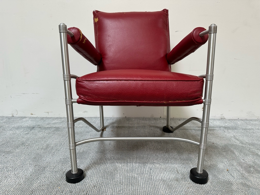Warren McArthur (1885-1961, American) Vintage Art Deco Machine Age Aluminum Lounge Chair Armchair With Hockey Puck Feet (One Puck Missing) 23W X 24D X 33H (Needs Reupholstering) [Photo 4]