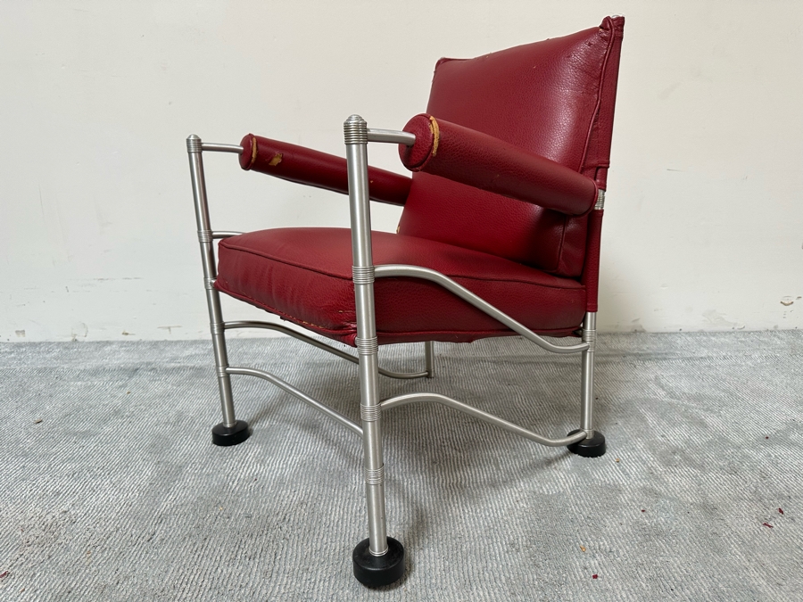 Warren McArthur (1885-1961, American) Vintage Art Deco Machine Age Aluminum Lounge Chair Armchair With Hockey Puck Feet (One Puck Missing) 23W X 24D X 33H (Needs Reupholstering) [Photo 6]