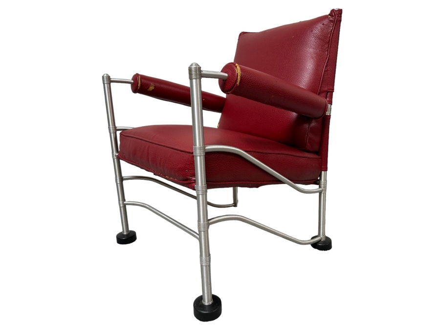Warren McArthur (1885-1961, American) Vintage Art Deco Machine Age Aluminum Lounge Chair Armchair With Hockey Puck Feet (One Puck Missing) 23W X 24D X 33H (Needs Reupholstering) [Photo 1]
