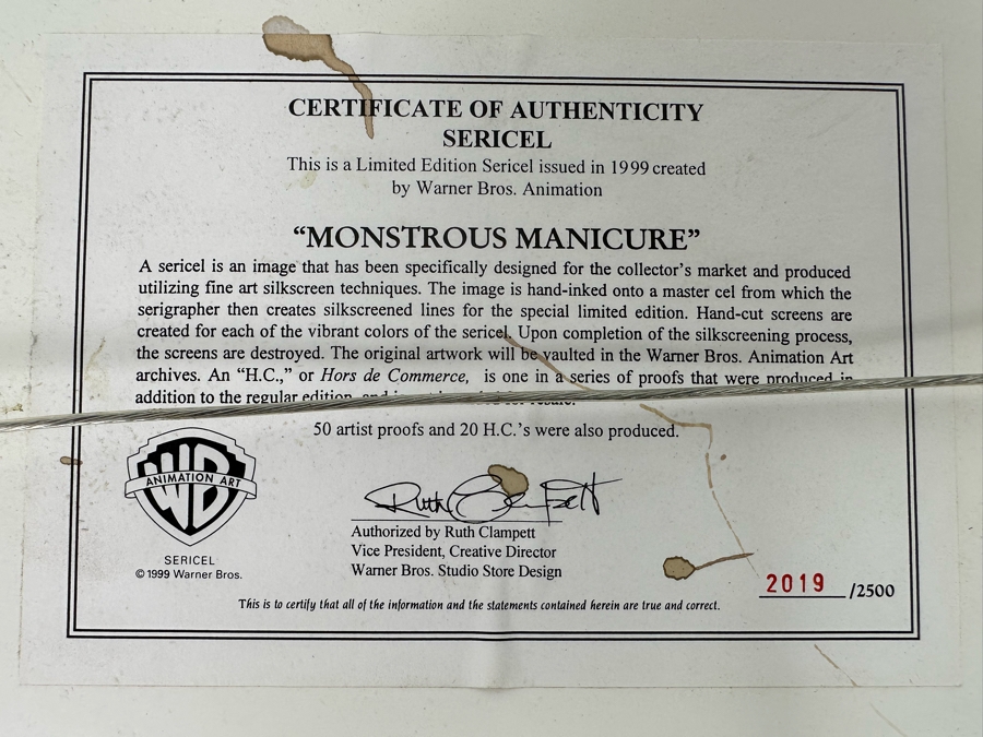 Warner Bros Animation Art Limited Edition Sericel 1999 Titled Gossamer 'Monstrous Manicure' 12 X 10 Framed 19 X 17 [Photo 7]