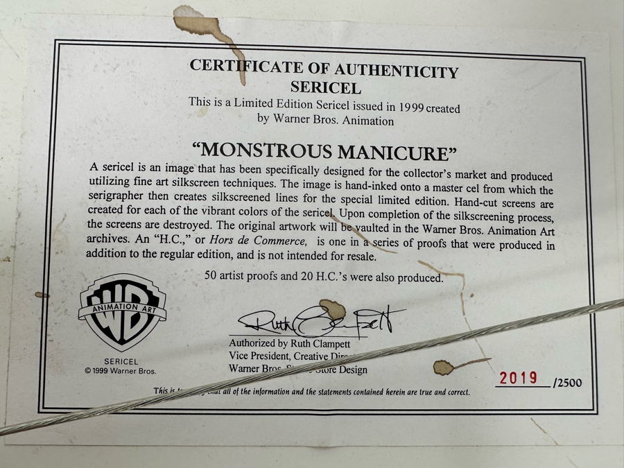 Warner Bros Animation Art Limited Edition Sericel 1999 Titled Gossamer 'Monstrous Manicure' 12 X 10 Framed 19 X 17 [Photo 8]