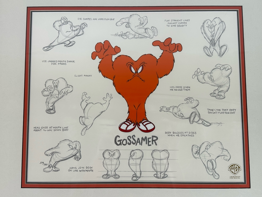 Warner Bros Animation Art Limited Edition Sericel 1997 Titled 'Model Sheet: Gossamer' Numbered 374 Of 750 16 X 13 Framed 25 X 22
