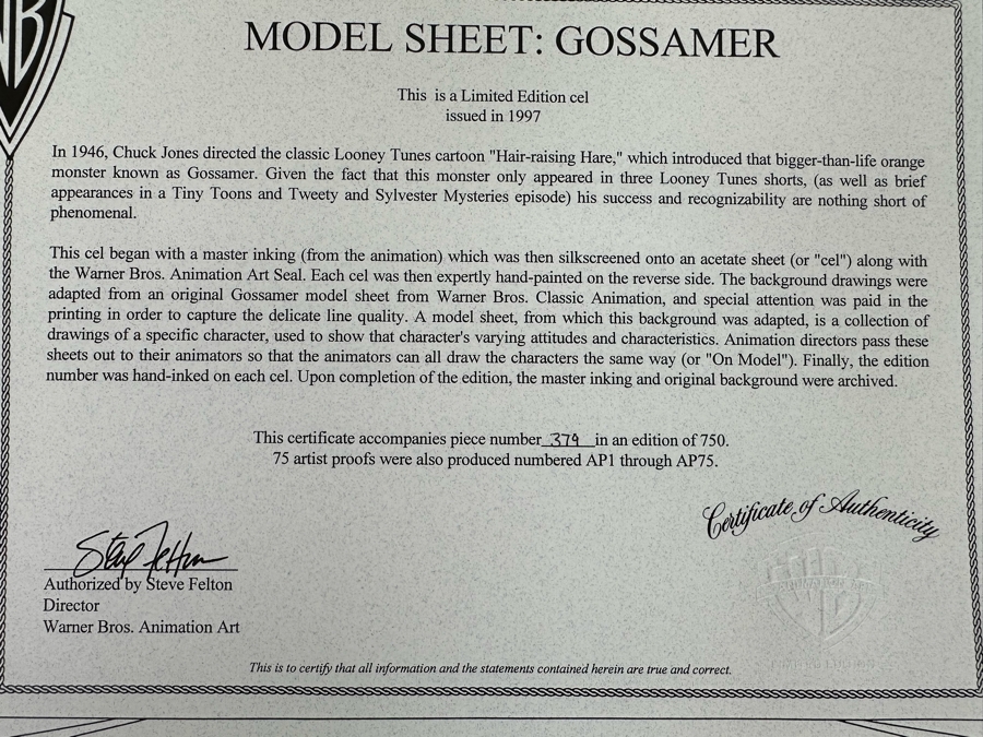 Warner Bros Animation Art Limited Edition Sericel 1997 Titled 'Model Sheet: Gossamer' Numbered 374 Of 750 16 X 13 Framed 25 X 22 [Photo 18]