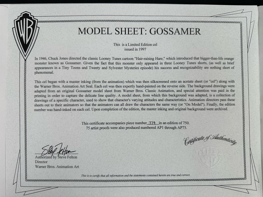 Warner Bros Animation Art Limited Edition Sericel 1997 Titled 'Model Sheet: Gossamer' Numbered 374 Of 750 16 X 13 Framed 25 X 22 [Photo 17]
