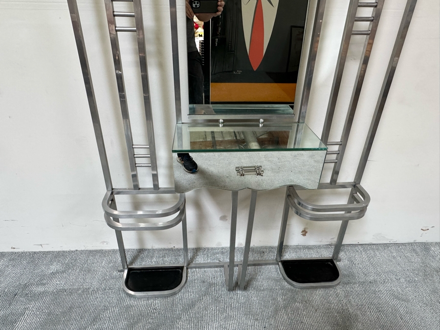 Impressive Rare Art Deco Aluminum Hall Tree Coat Rack With Drawer 42W X 11D X 72H [Photo 7]