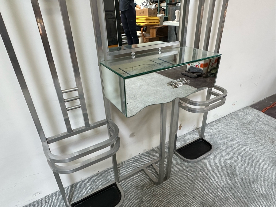 Impressive Rare Art Deco Aluminum Hall Tree Coat Rack With Drawer 42W X 11D X 72H [Photo 8]