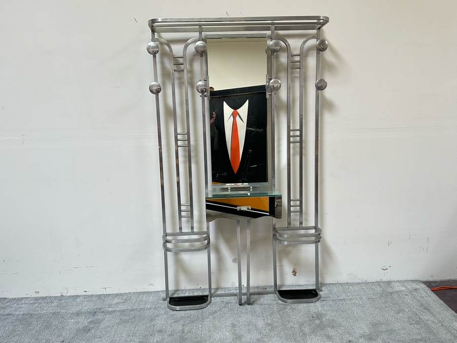 Impressive Rare Art Deco Aluminum Hall Tree Coat Rack With Drawer 42W X 11D X 72H [Photo 4]