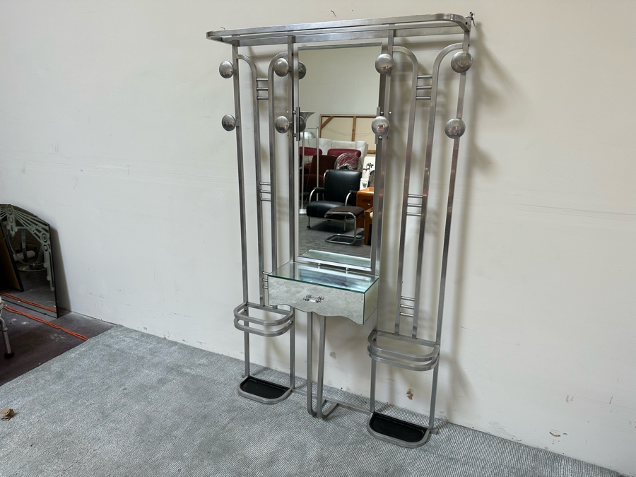 Impressive Rare Art Deco Aluminum Hall Tree Coat Rack With Drawer 42W X 11D X 72H [Photo 5]