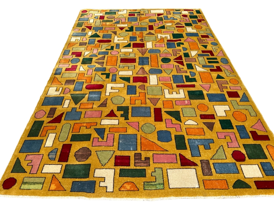 Colorful Geometric Modernist Hand Woven Wool Area Rug 86' X 129'