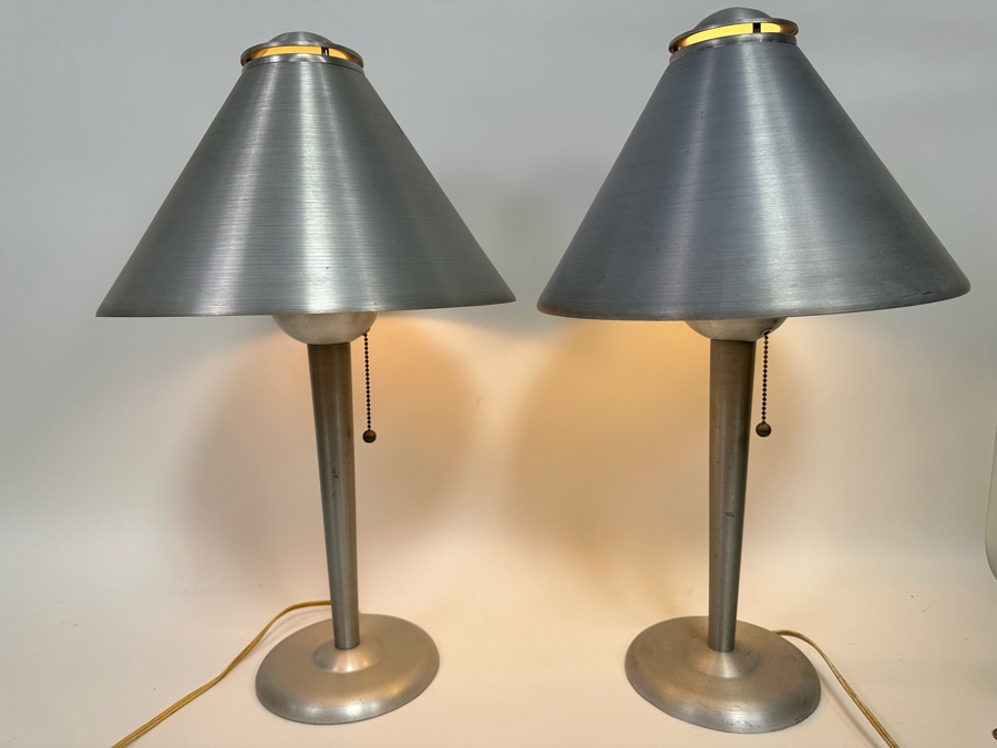 Vintage Art Deco Machine Age Soundrite Brushed Aluminum Desk Lamps Of Holyoke Mass, A Pair 13.5W X 24H [Photo 13]